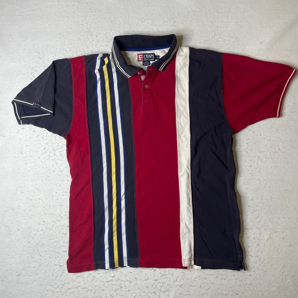 Chaps Polo Shirt‎ Mens Large Red Vertical Stripe Colorblock Short Sleeve Cotton